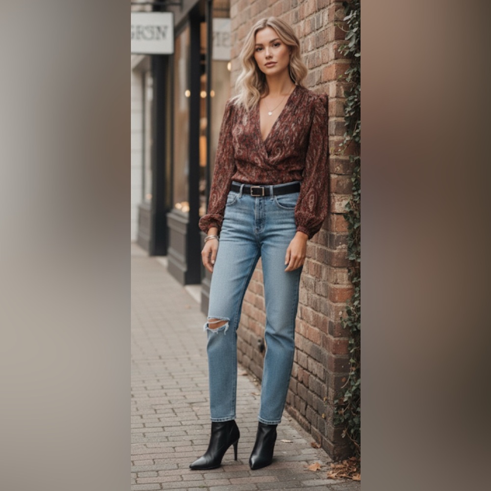 $735 set Designer IRO Silk Blouse & Moussy Vintage Japanese Denim Outfit.Size M